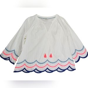 Boden White Blouse with Blue and Pink Scallop Trim